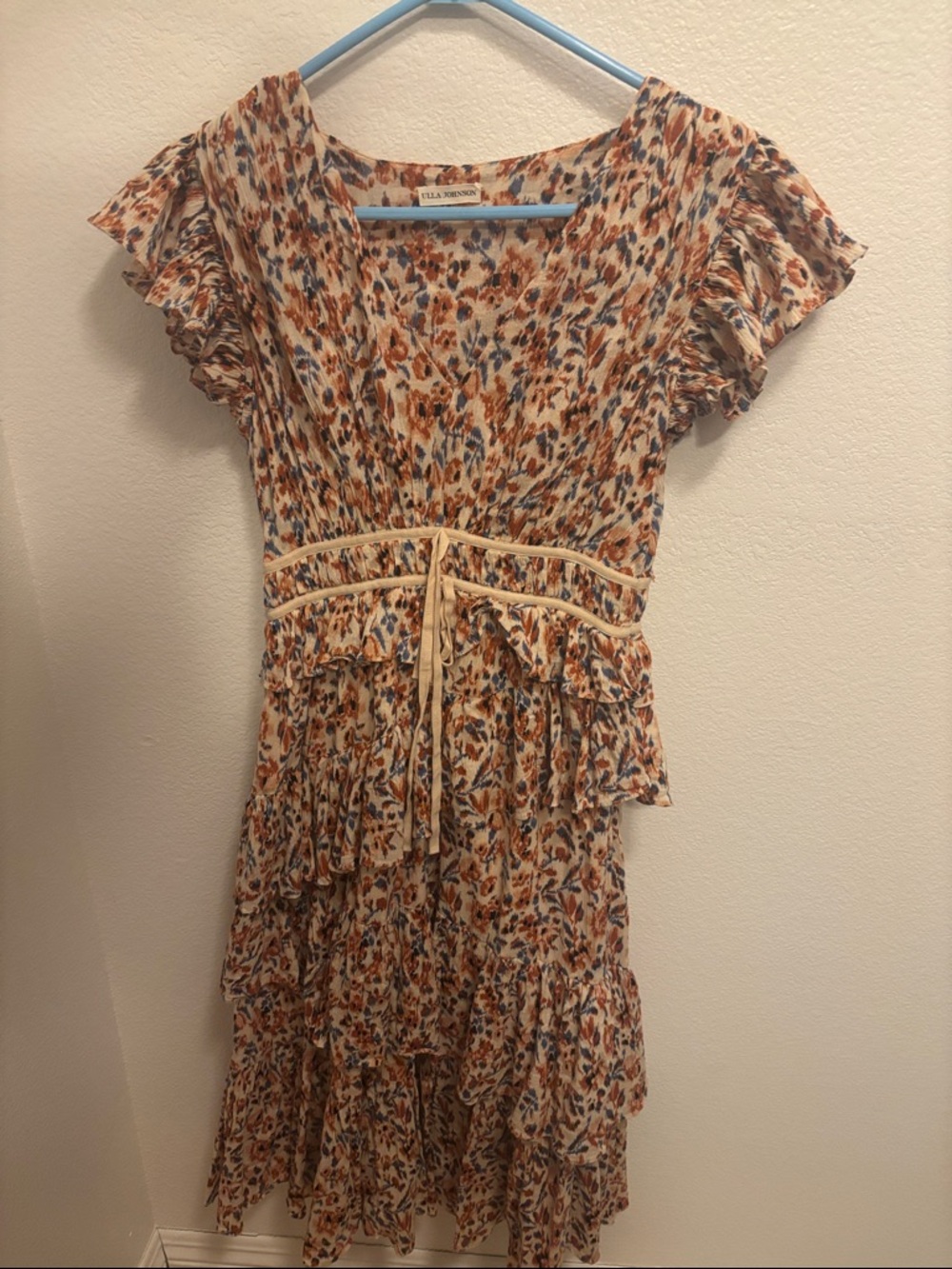 Ulla Johnson Floral Tiered Ruffle Dress in Cream and Rust